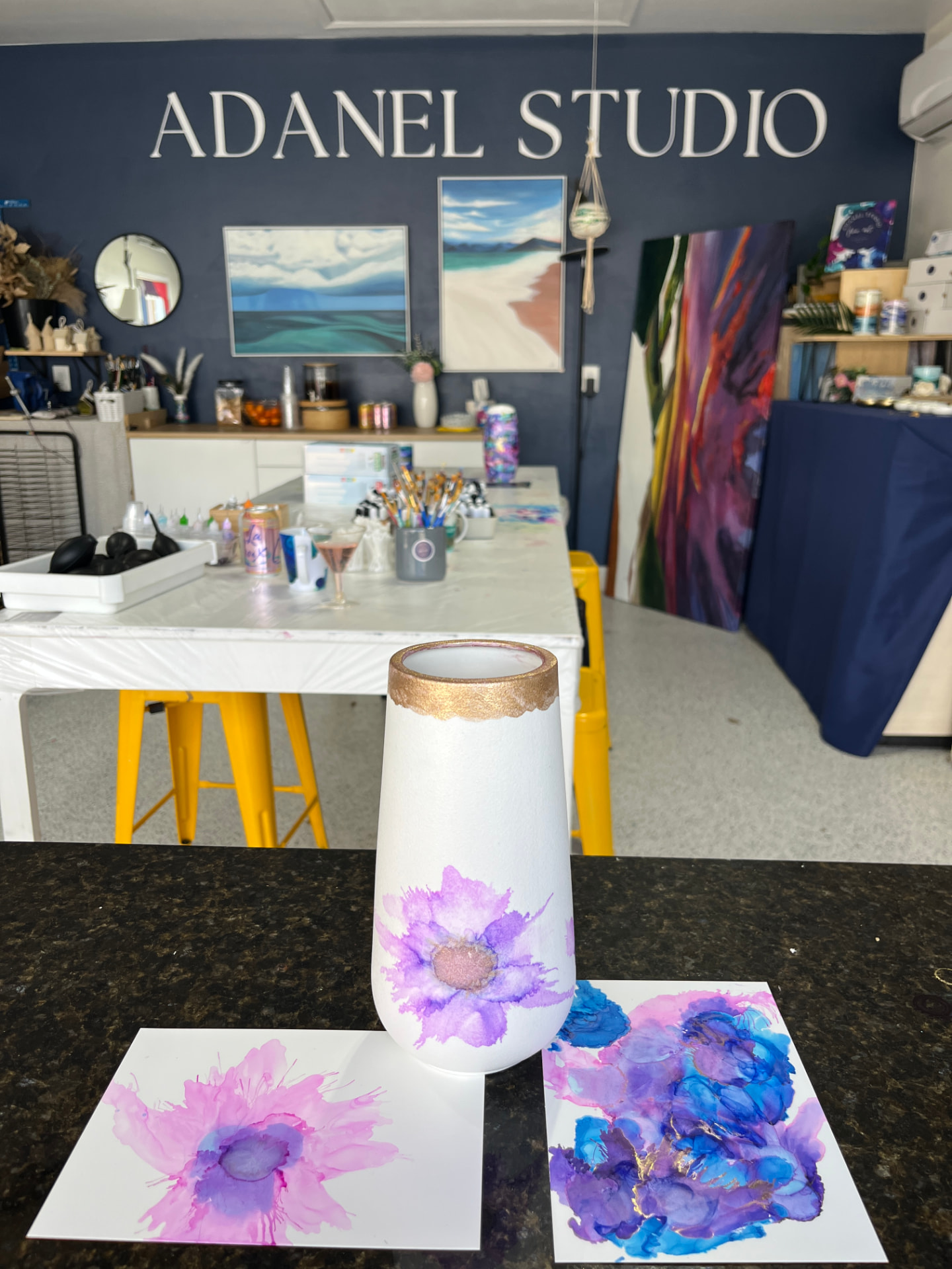 ADANEL Studio interior with paintings and class work